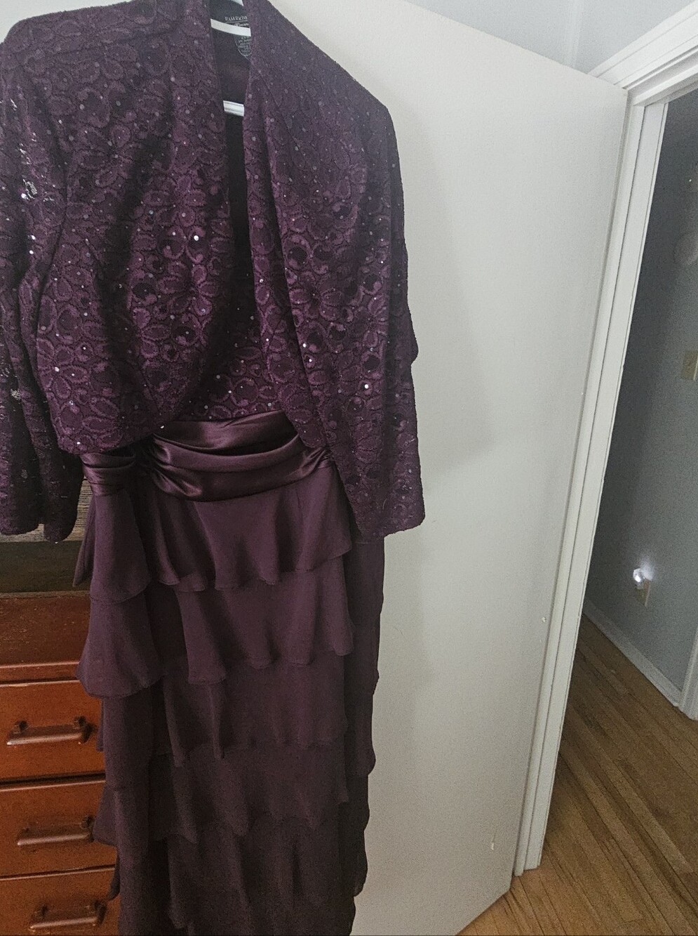R&M Richards Plum Tiered Maxi Skirt with Satin Waistband